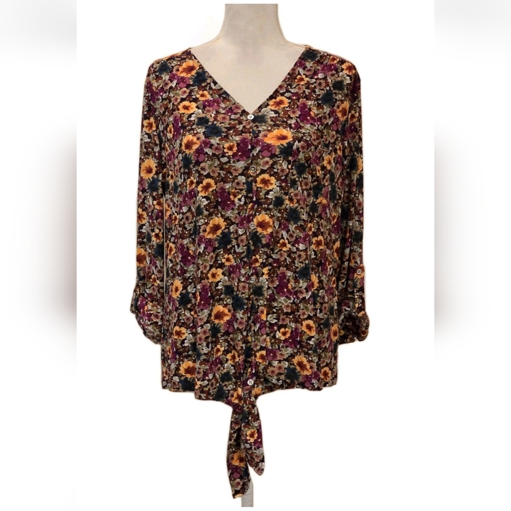 Ava & Grace Womens 3/4 Roll Tab Sleeve  Floral Oversized Pocket  Front Tie Small